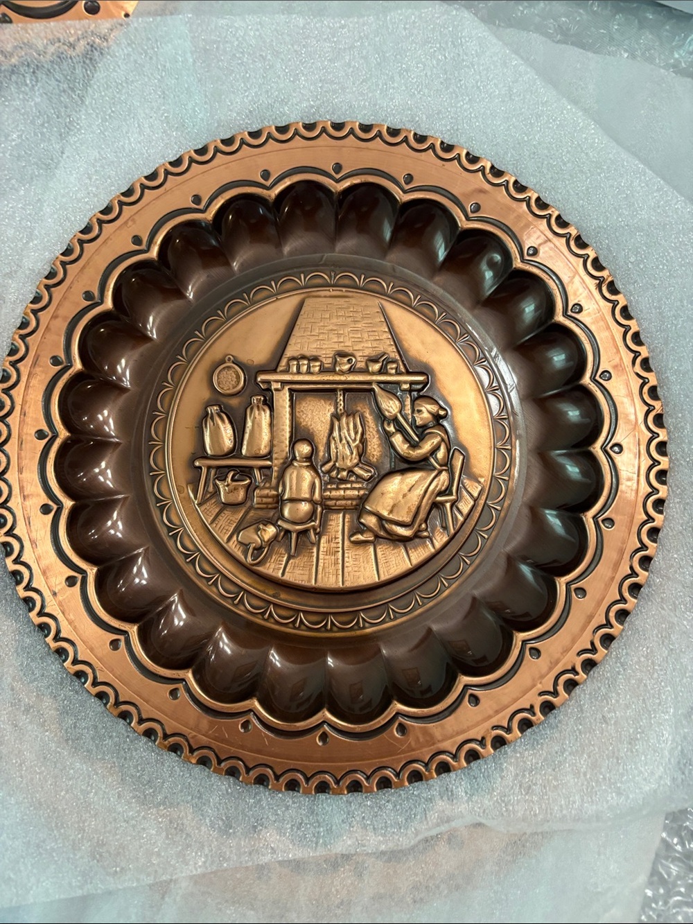 Decorative Copper-Tone Wall Plaque with Hearth Scene